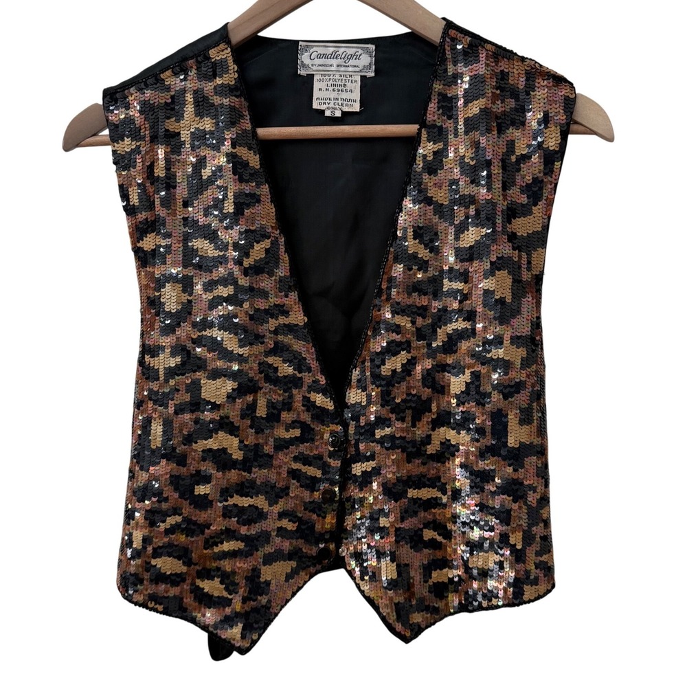 Candlelight Silk Sequin Vest Small‎ Leopard Print Gold Black Vintage V-Neck
